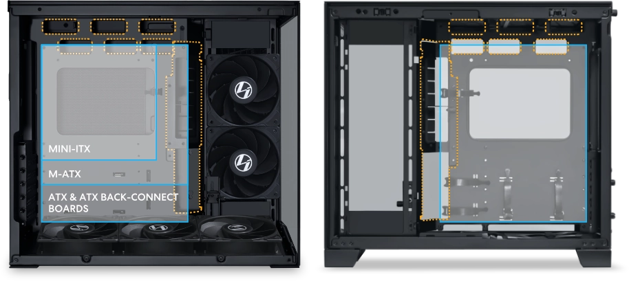 کیس لیان لی O11 DYNAMIC MINI V2 فضای داخلی و پشتیبانی رادیاتور