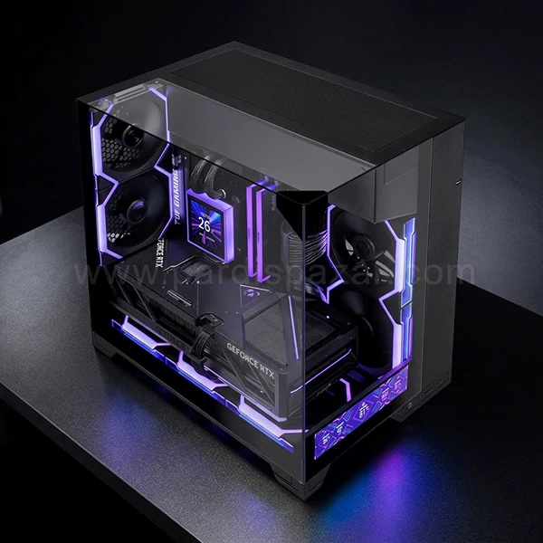 کیس لیان لی O11 Vision-M Digital مشکی نمای سه طرف شیشه و صفحه نمایش
