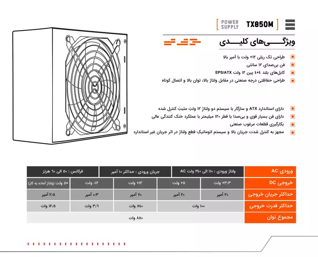 پاور کامپیوتر 850 وات فاطر مدل Fater TX850M 80+ Gold