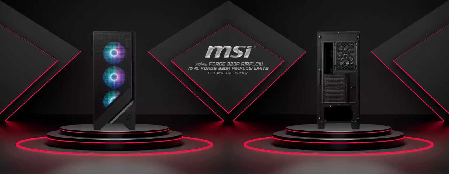 نمای جلوی کیس MSI MAG FORGE 320R AIRFLOW با پنل مش و نور ARGB
