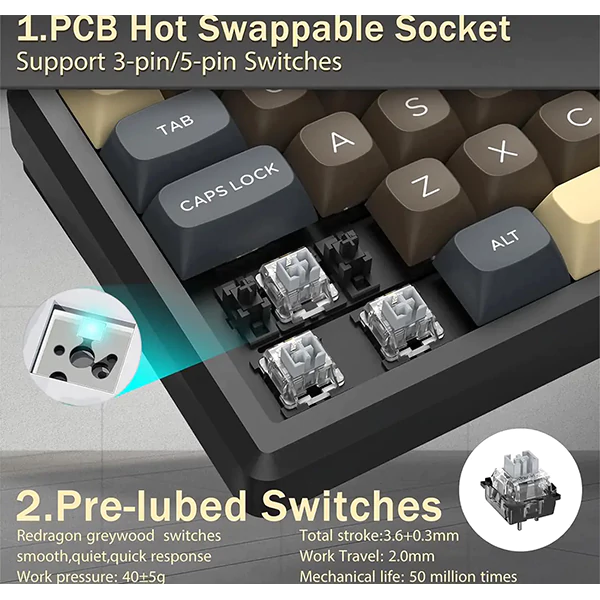 کیبورد بی‌سیم مکانیکال گیمینگ ردراگون URANUS PRO K727 CGY